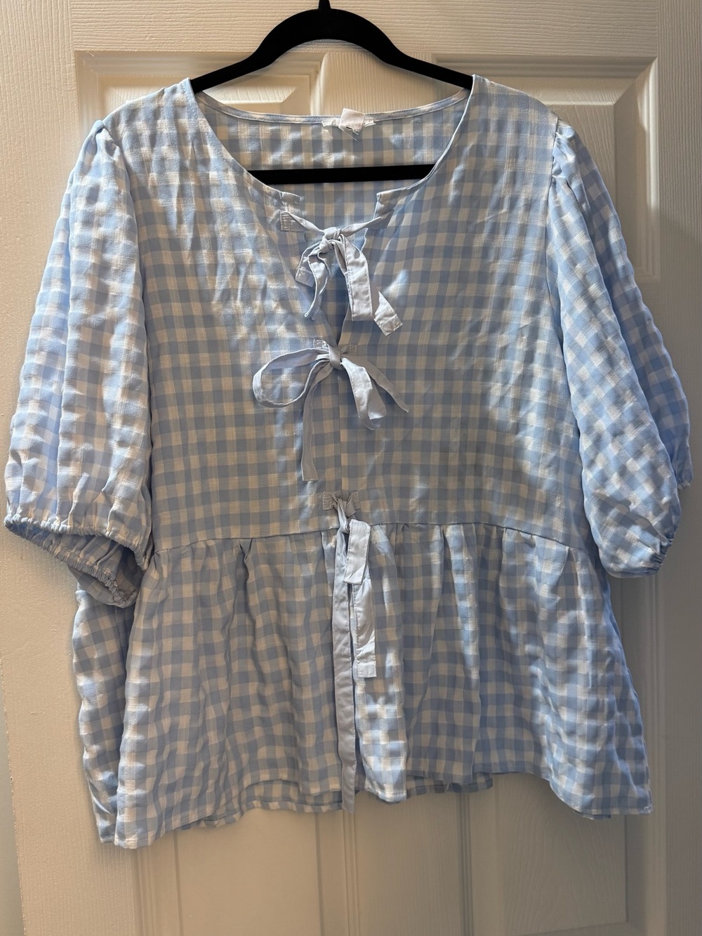 Chic Soul Light Blue Gingham Tie-Front Peplum Tunic 2X